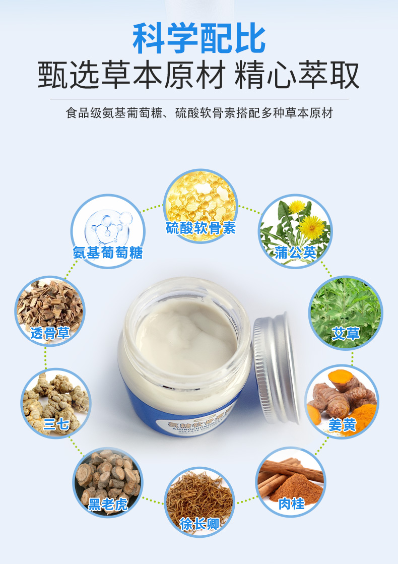 科学配比，甄选草本原材精心萃取，食品级氨基葡萄糖、硫酸软骨素搭配多种草本原材